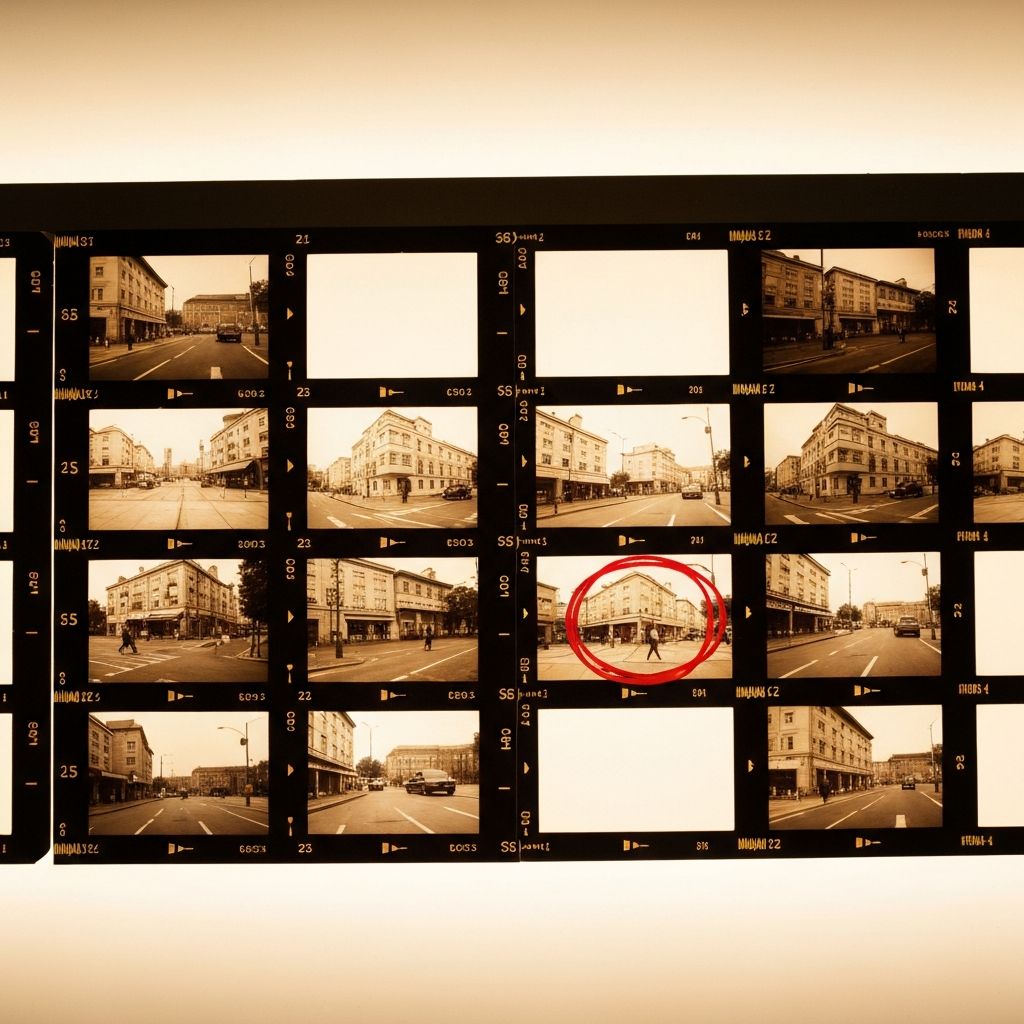 Film contact sheet showing rows of developed 35mm photographs