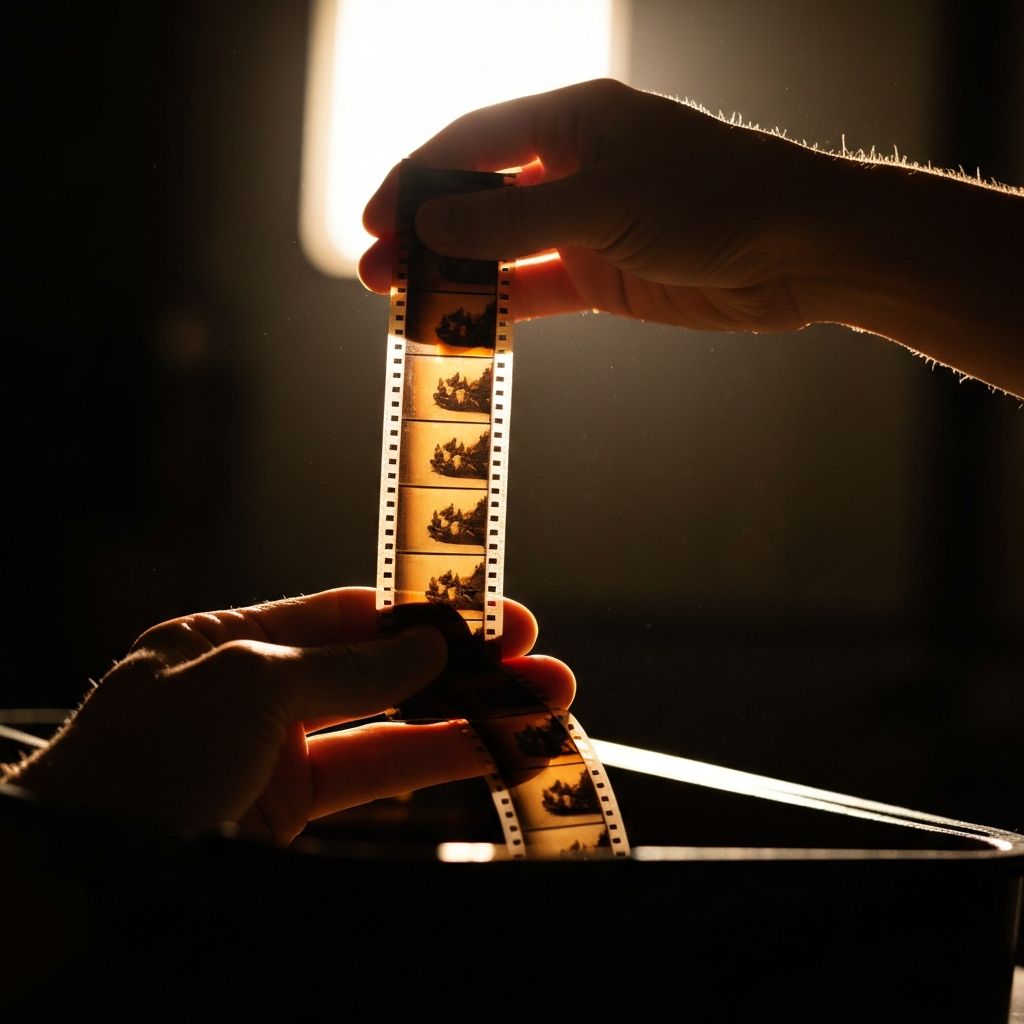 Photographs developing in a darkroom under red safelight