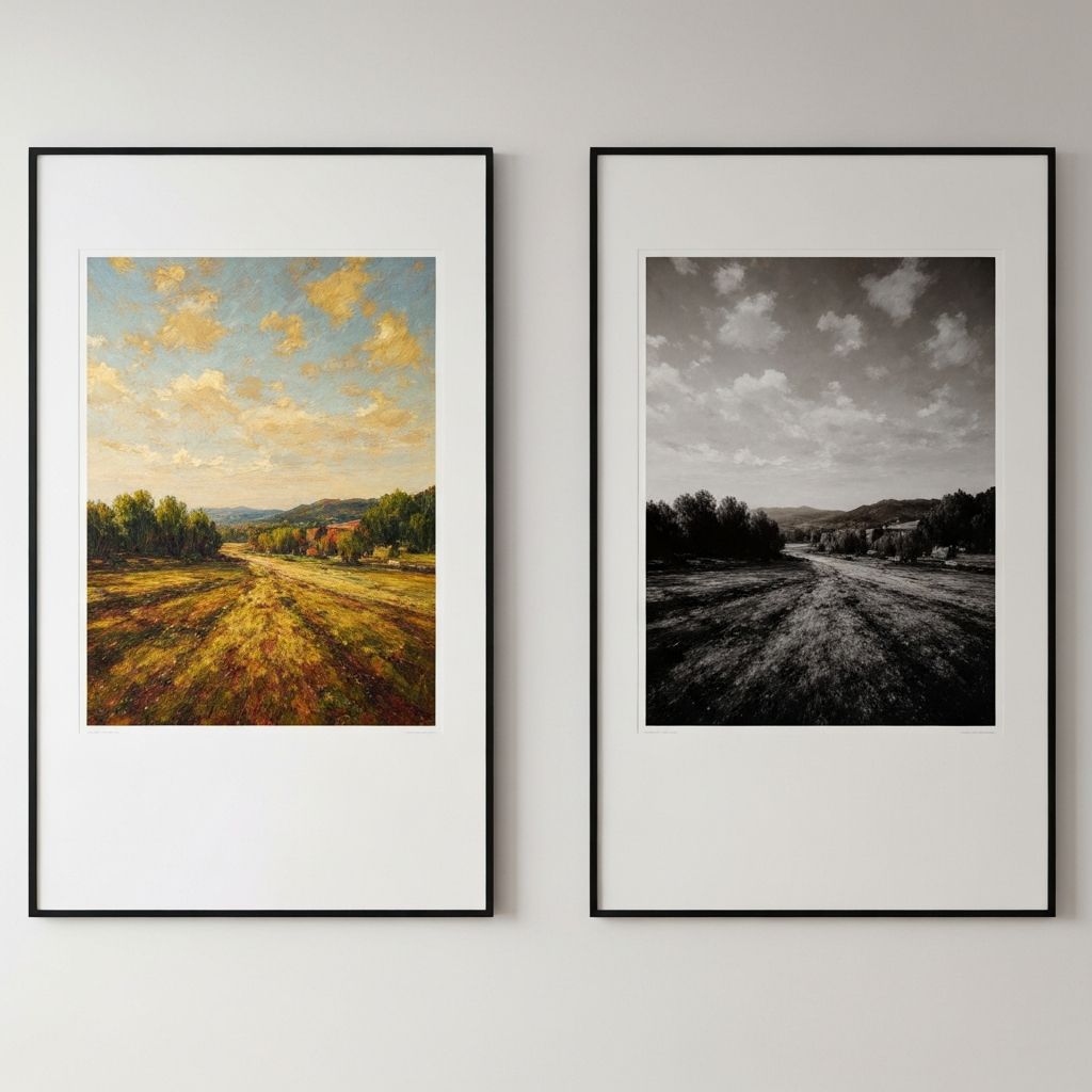 Three framed art prints on a gallery wall showing different artistic style transfers